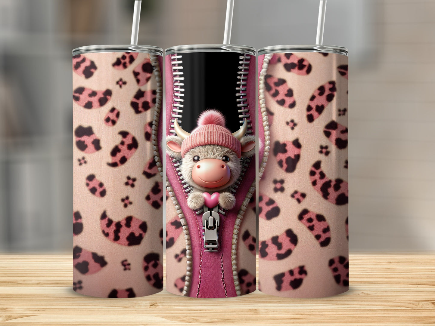 Pink leopard print tumbler with cute cow illustration behind zipper.