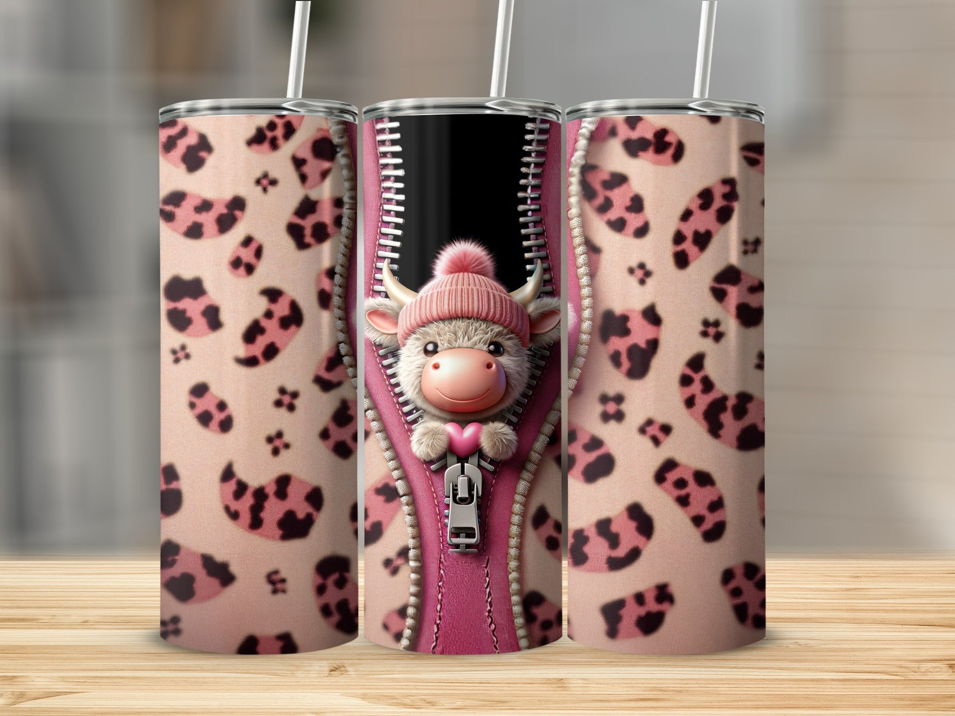 Pink leopard print tumbler with cute cow illustration behind zipper.