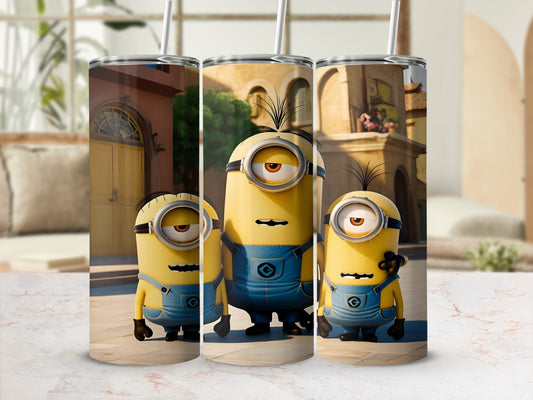 Three Minions in denim overalls stand in front of a blurred background of buildings.