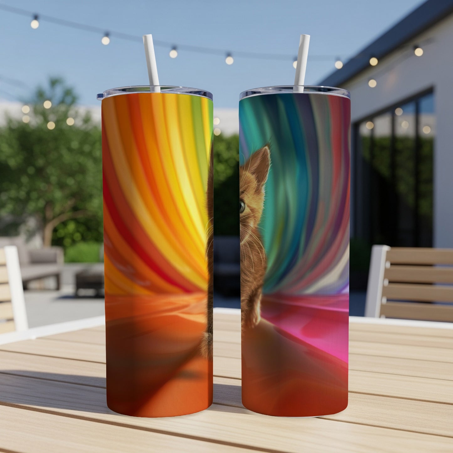 Orange kitten peeking from behind a swirling rainbow design on two tumblers.