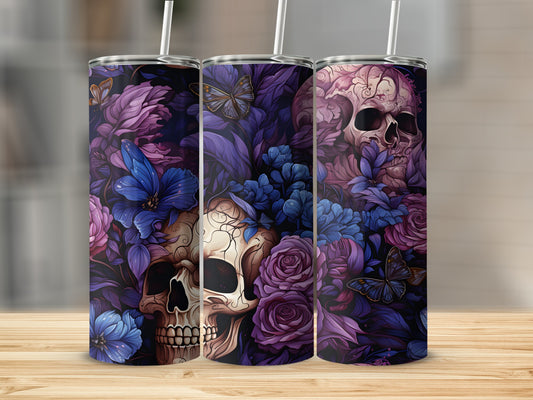 Three tumblers feature a dark floral pattern with skulls and butterflies.