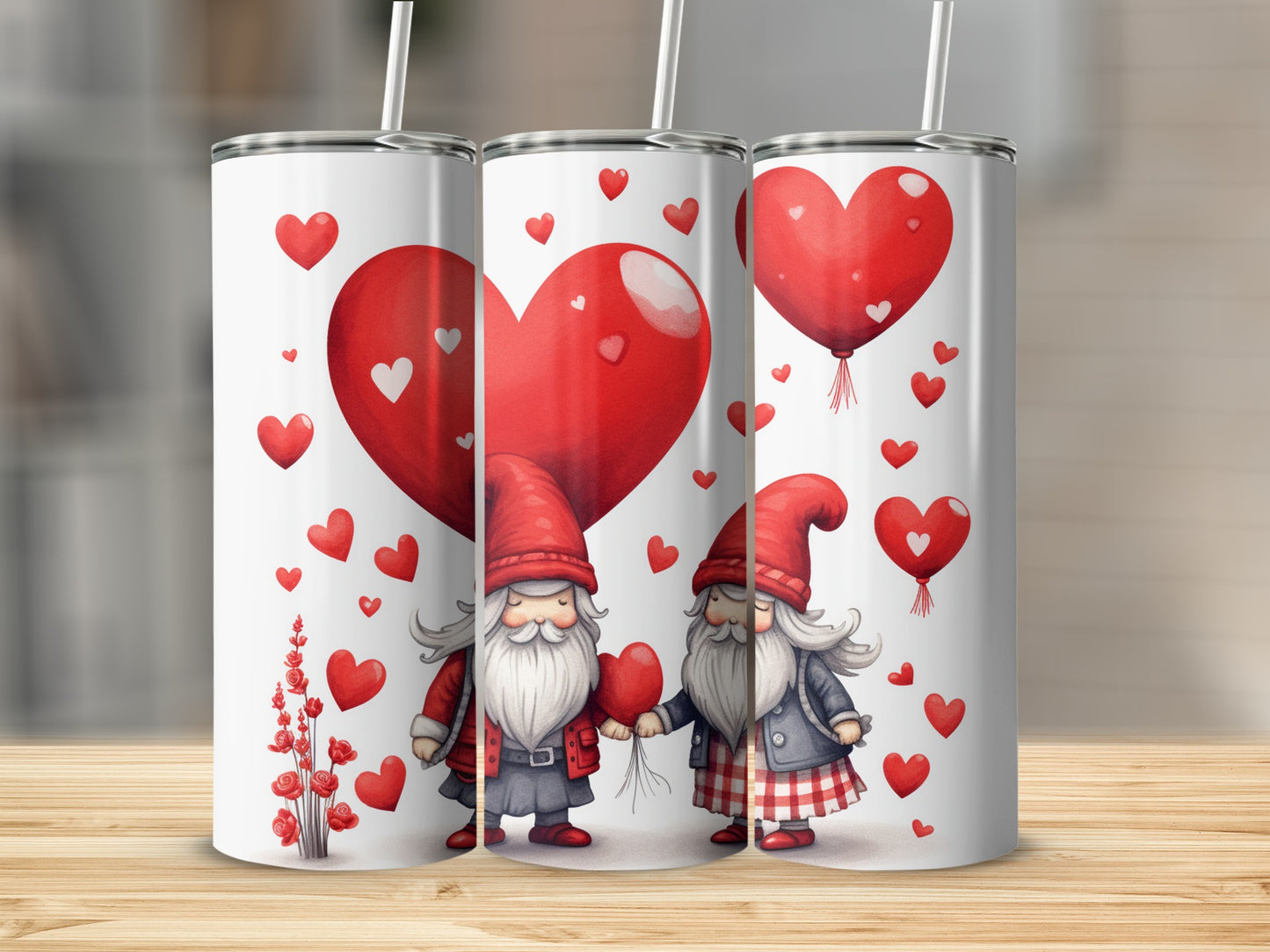 Cute Gnome Couple with Red Balloon Hearts Tumbler