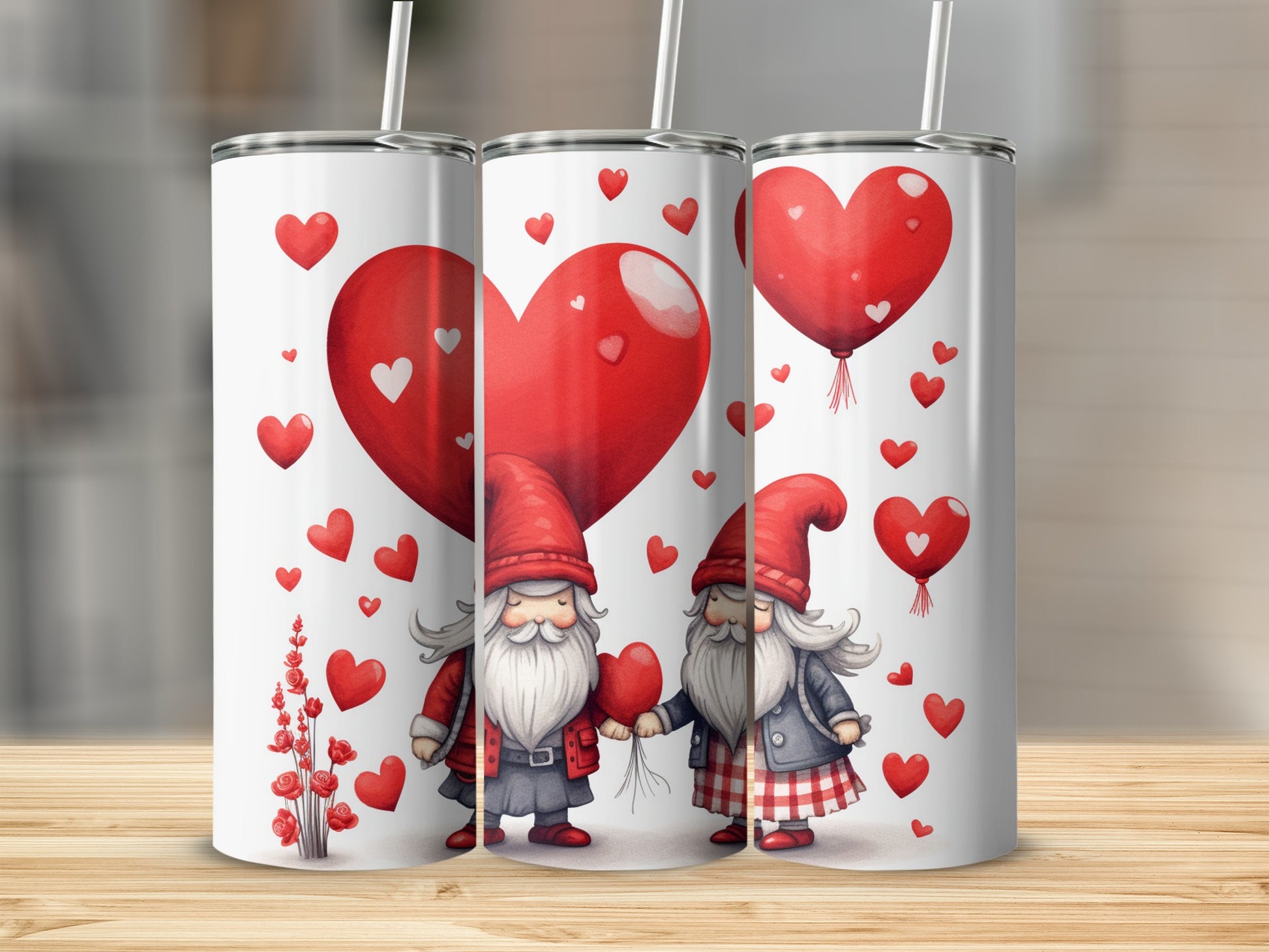Cute Gnome Couple with Red Balloon Hearts Tumbler