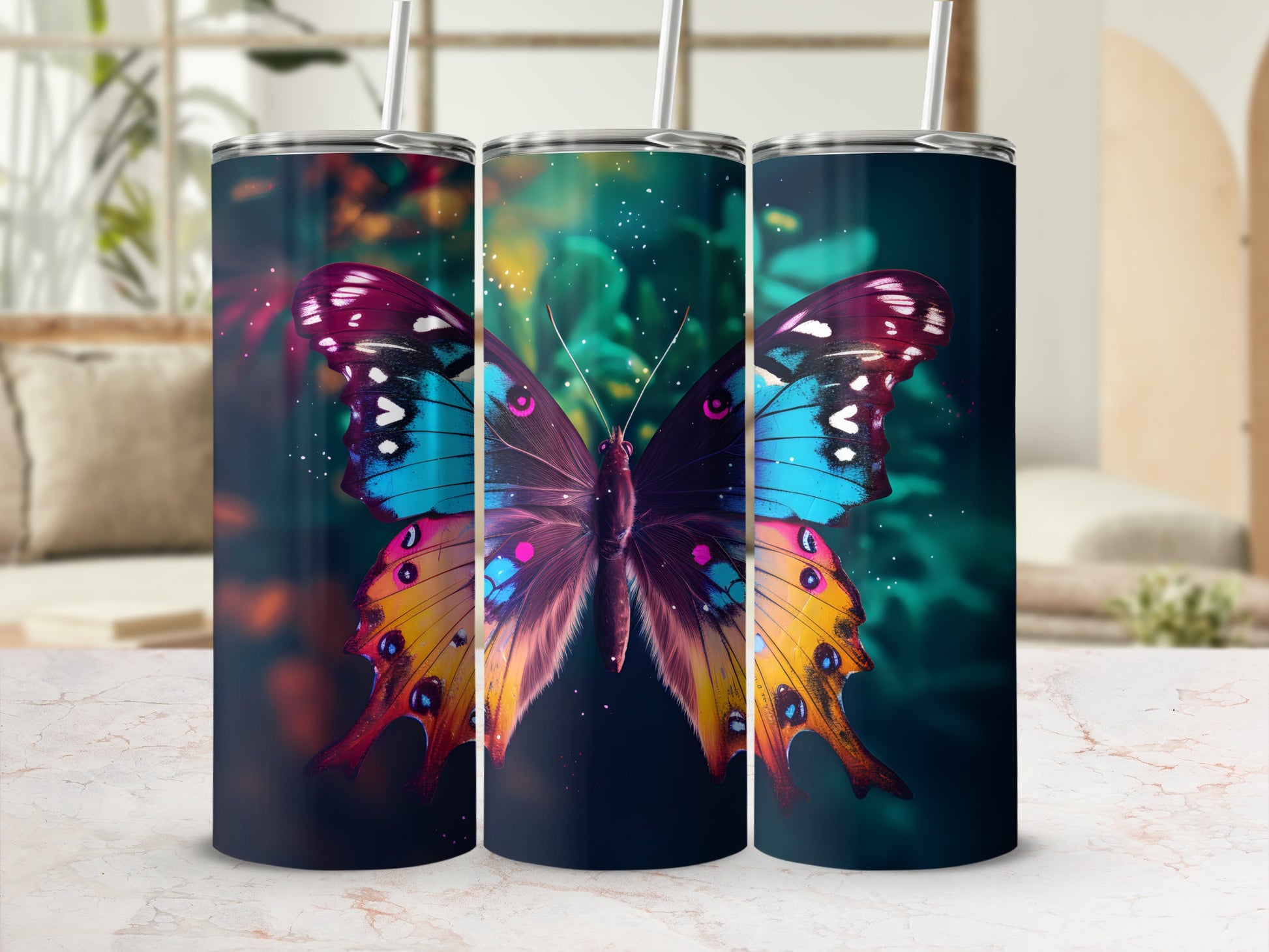 Three iridescent butterfly tumblers with colorful wings and cosmic background.