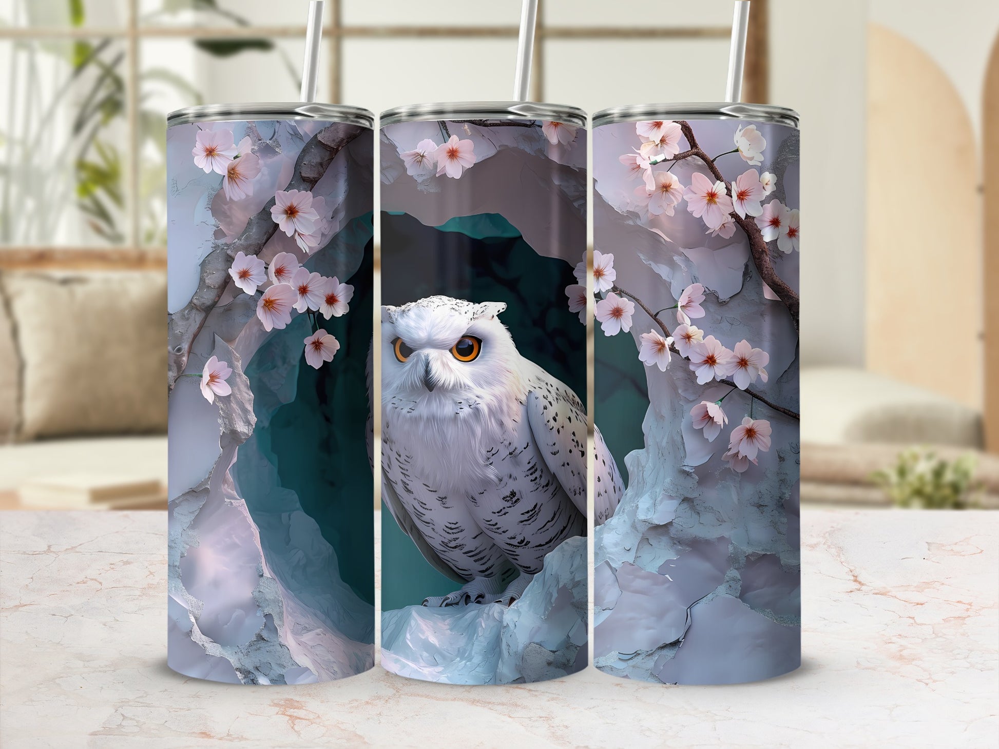 White owl with orange eyes in cave surrounded by pink cherry blossoms.