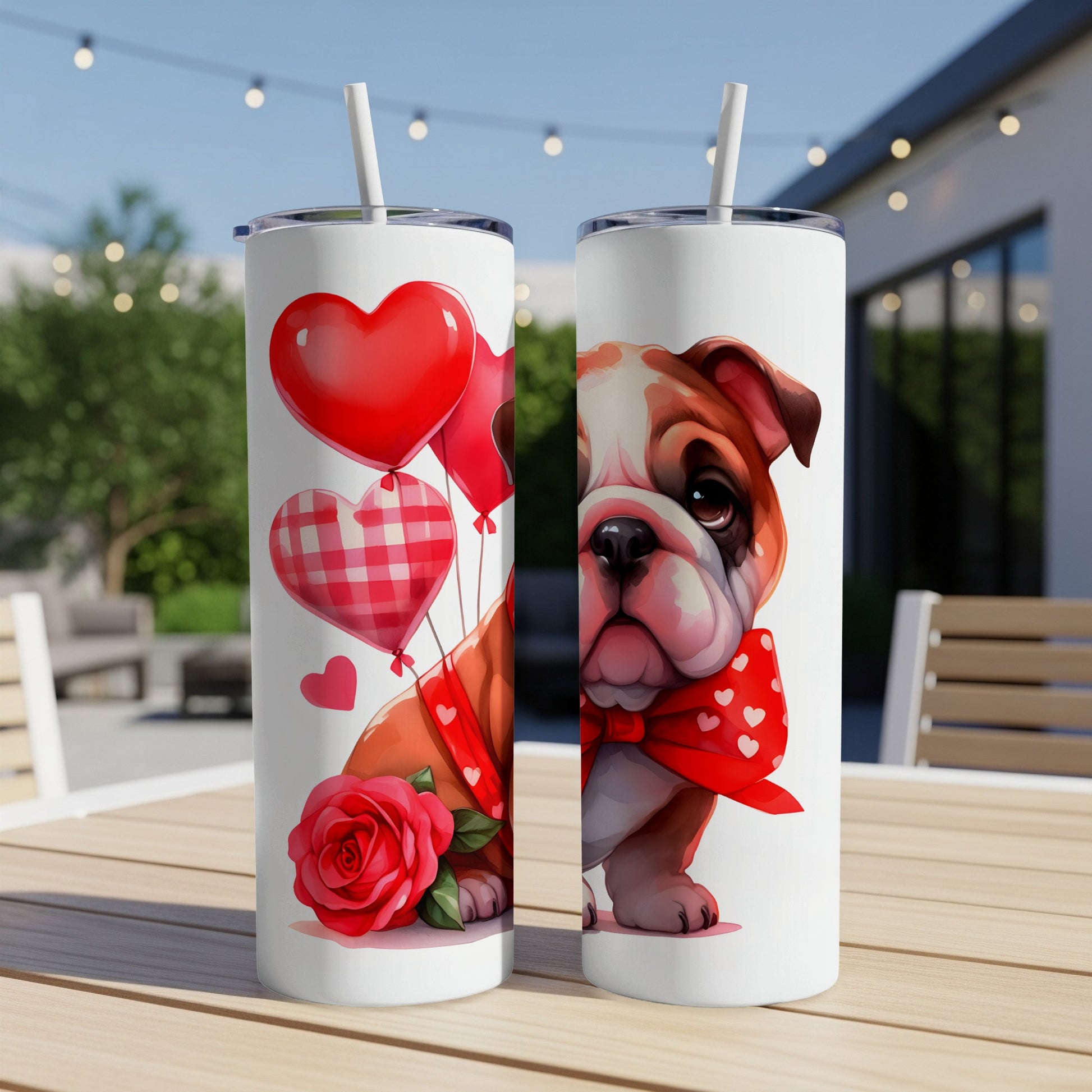 Bulldog in a red bow tie with heart balloons and a rose.