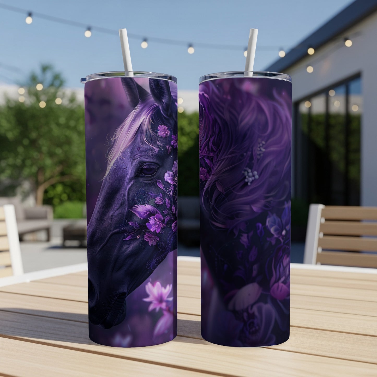 Two tumblers with dark purple horse head and floral designs.