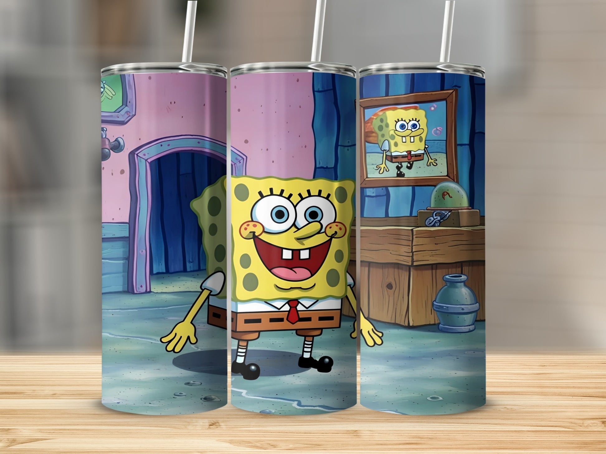 SpongeBob SquarePants character on three tumblers, cartoon background.