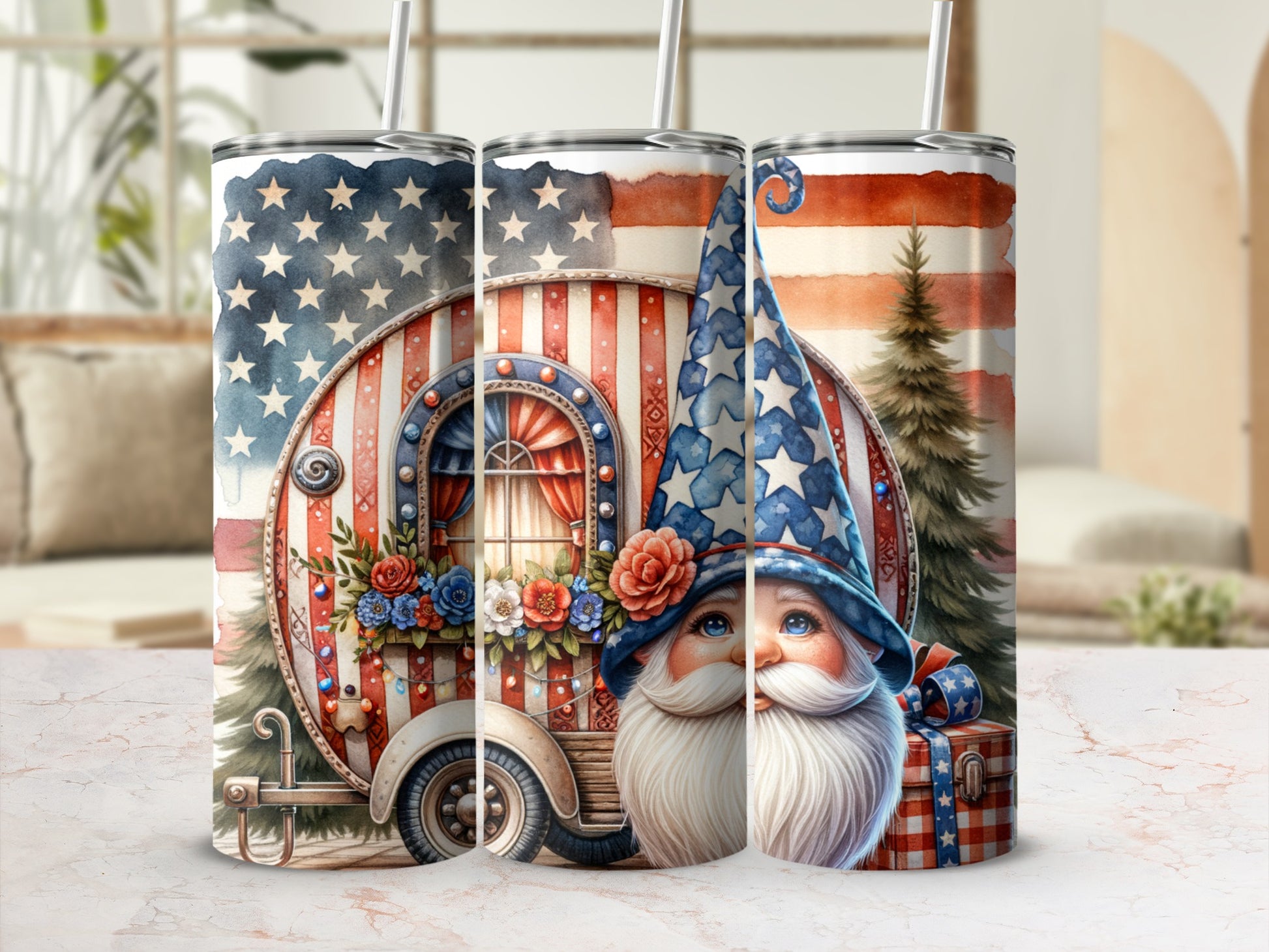 Camper with patriotic gnome and flag design, on a marbled surface.