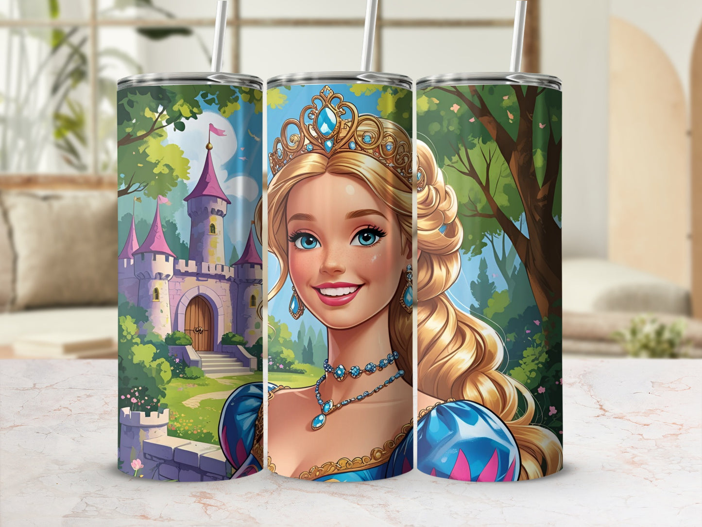 Princess with blonde hair and tiara smiles in front of a castle.