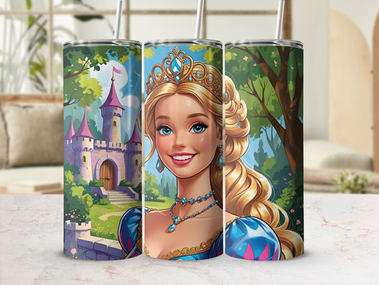 Princess with blonde hair and tiara smiles in front of a castle.