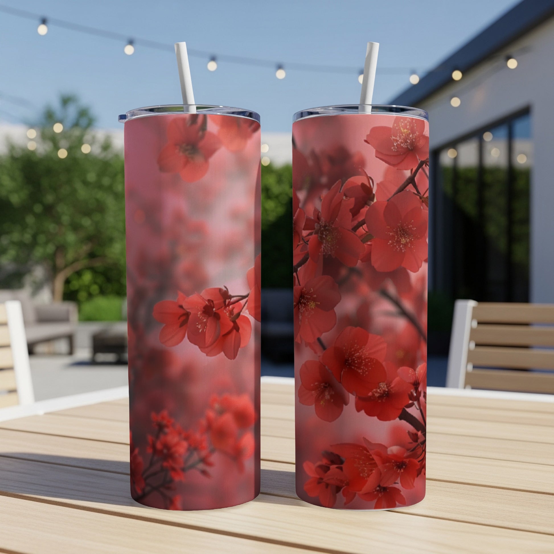 Two tall, skinny tumblers with a close-up of red cherry blossoms.