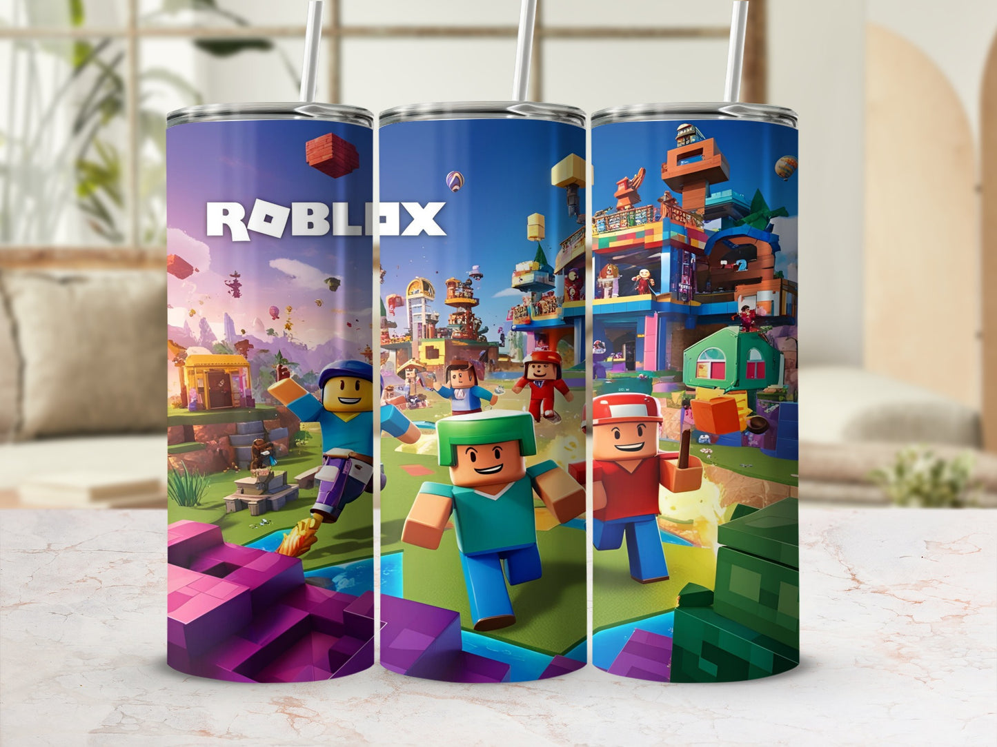 Roblox characters and cityscape on a tumbler.