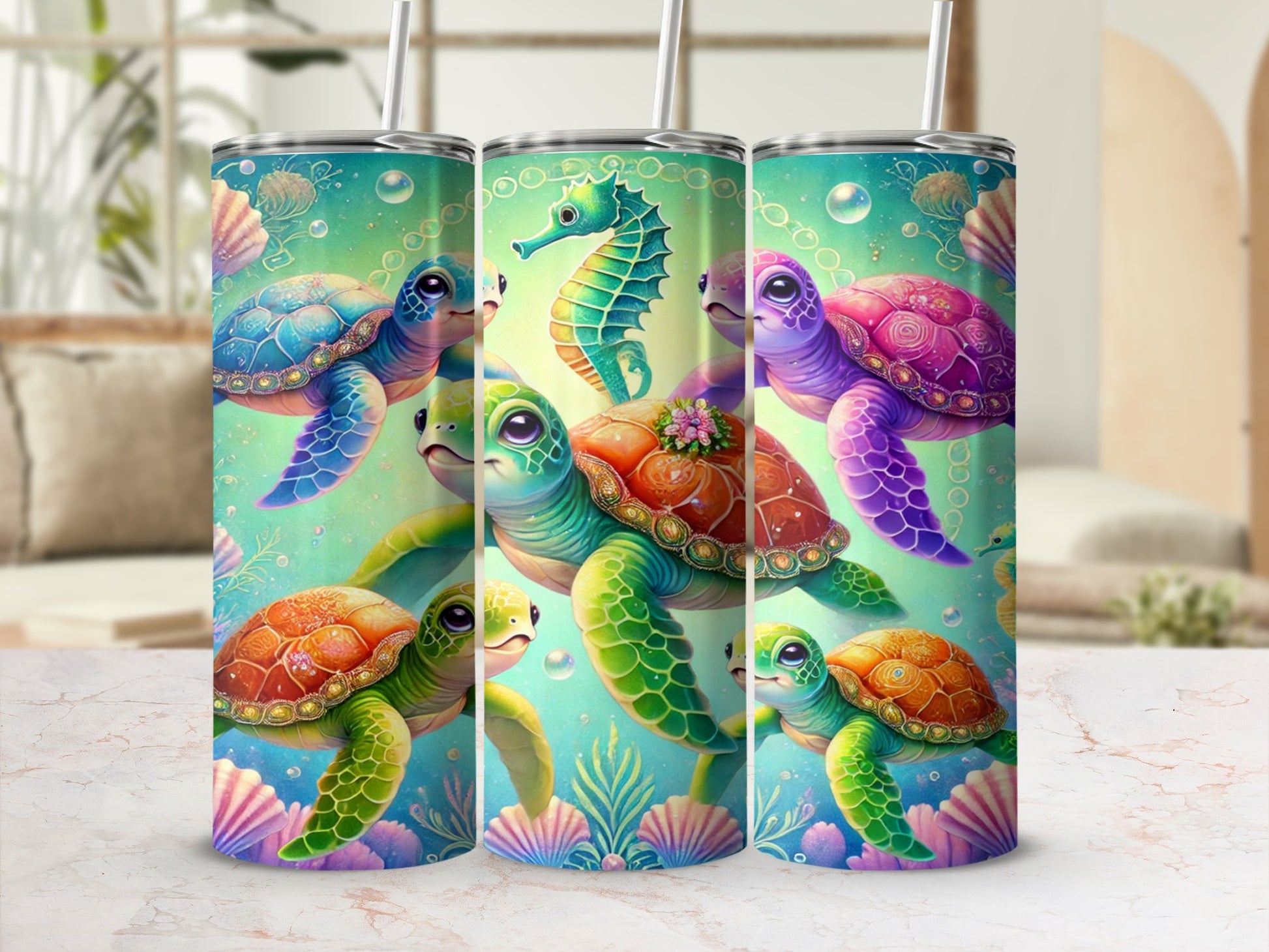 Colorful Turtles and Seashells Design Tumbler