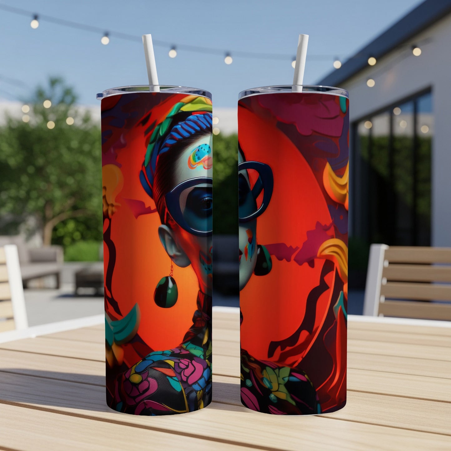 Two tumblers with a colorful abstract portrait design and straws.