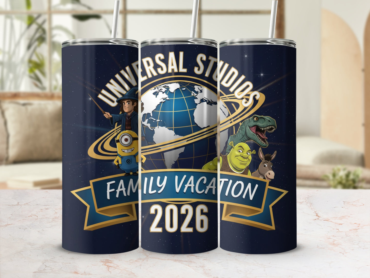 Universal Studios Family Vacation 2026 tumbler with characters.