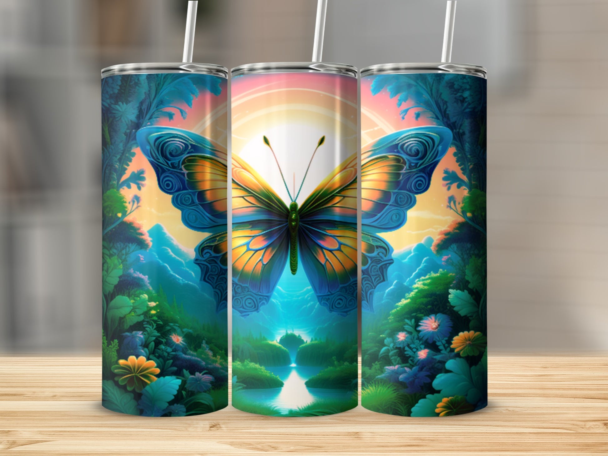 Butterfly on a sunset forest background wraps three tumblers.
