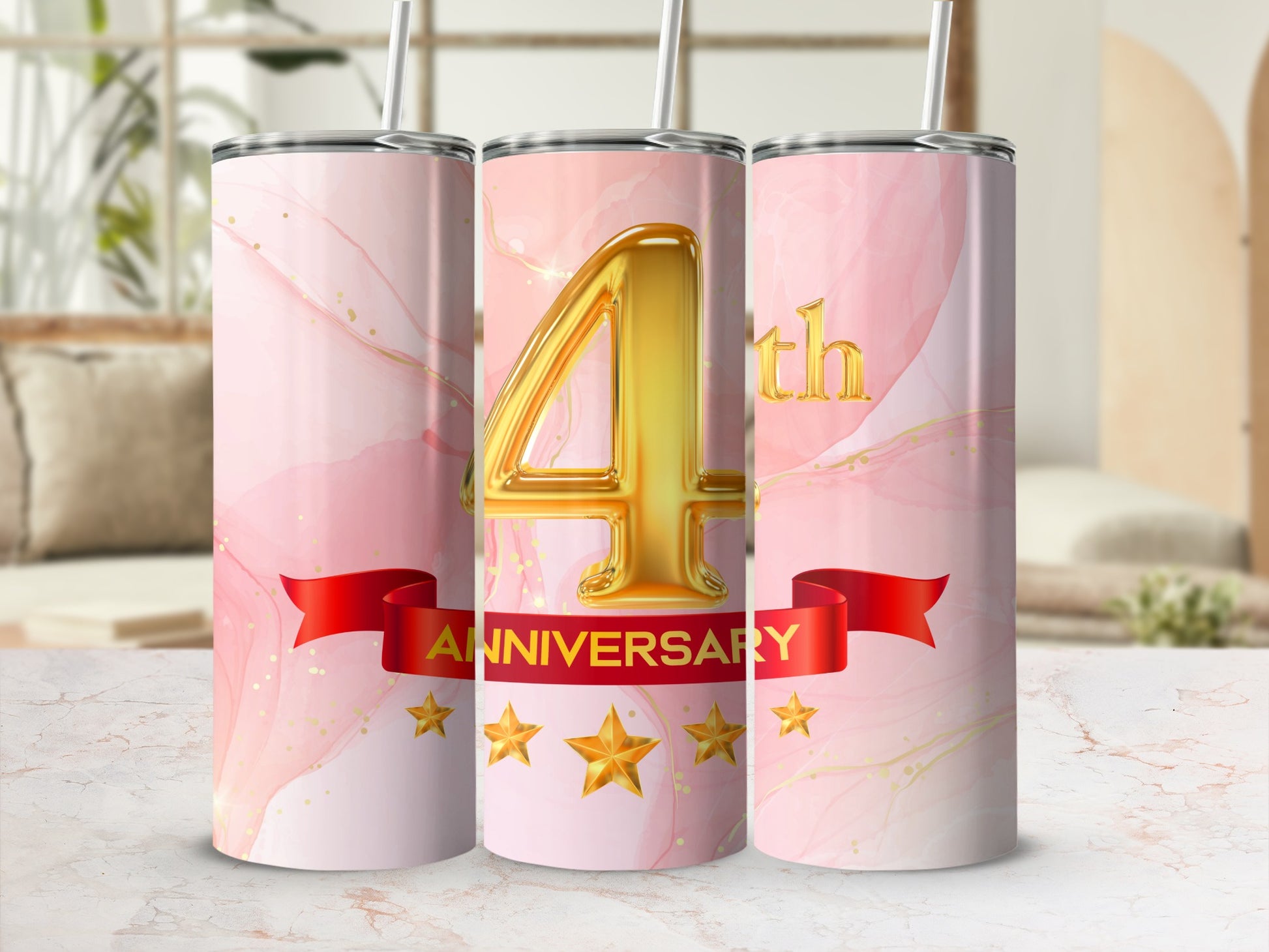 Gold 4th anniversary tumbler with pink marble design and red banner.