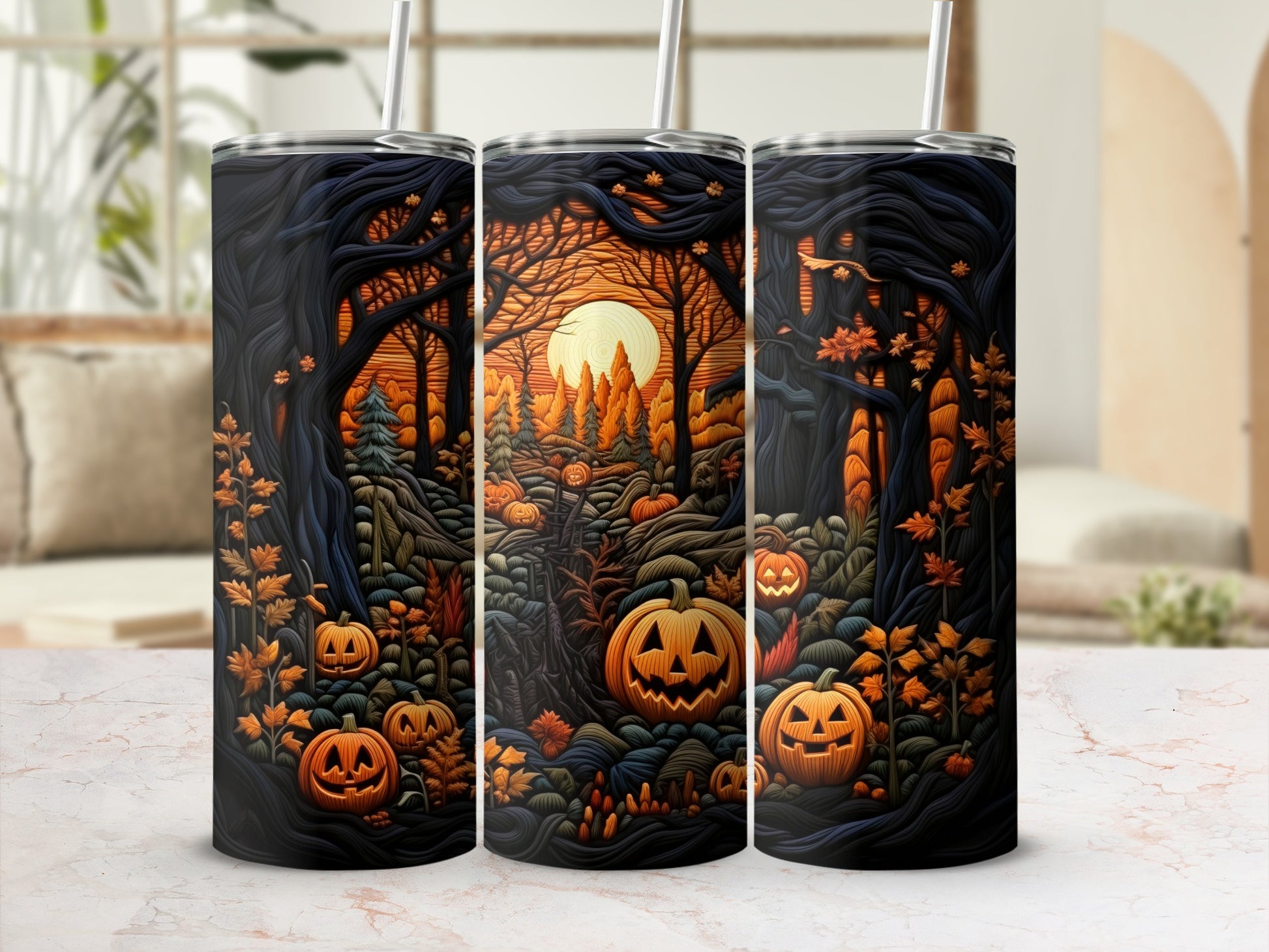 Halloween forest with jack-o'-lanterns and a glowing moon.