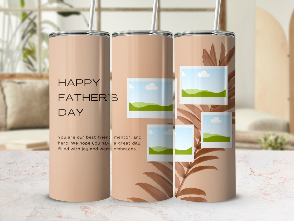 Tumbler with "Happy Father's Day" text and photo placeholders, botanical design.