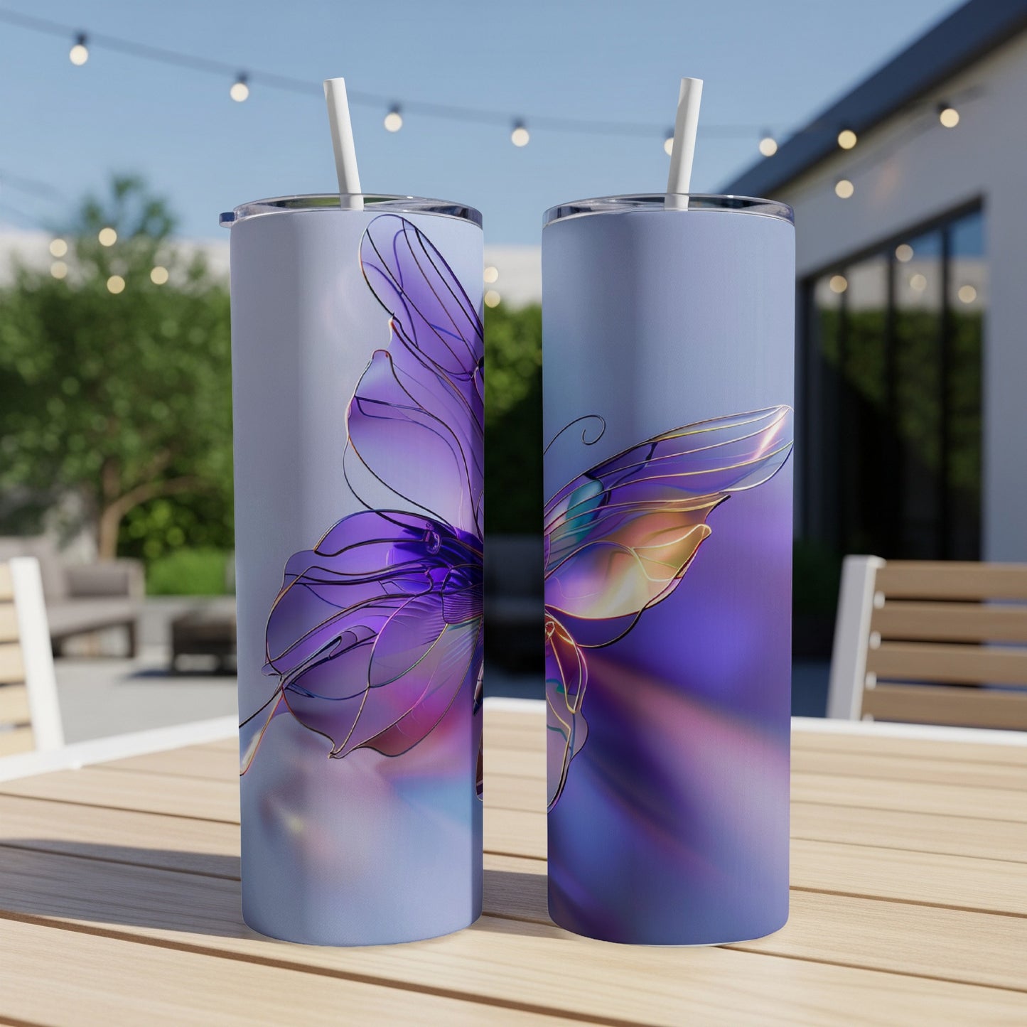Two tall tumblers with abstract purple and gold floral designs.