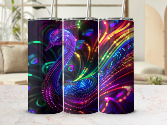Triptych of tumblers featuring a colorful, glowing peacock feather design.