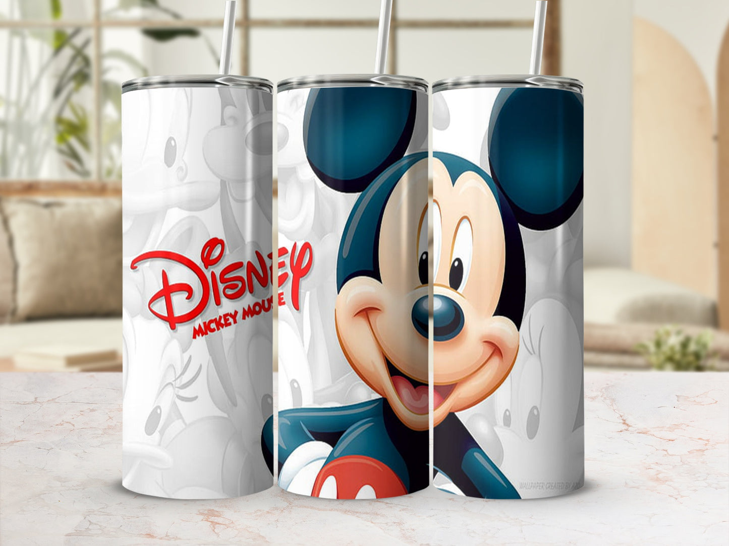 Disney Mickey Mouse tumbler with repeating Mickey Mouse pattern.