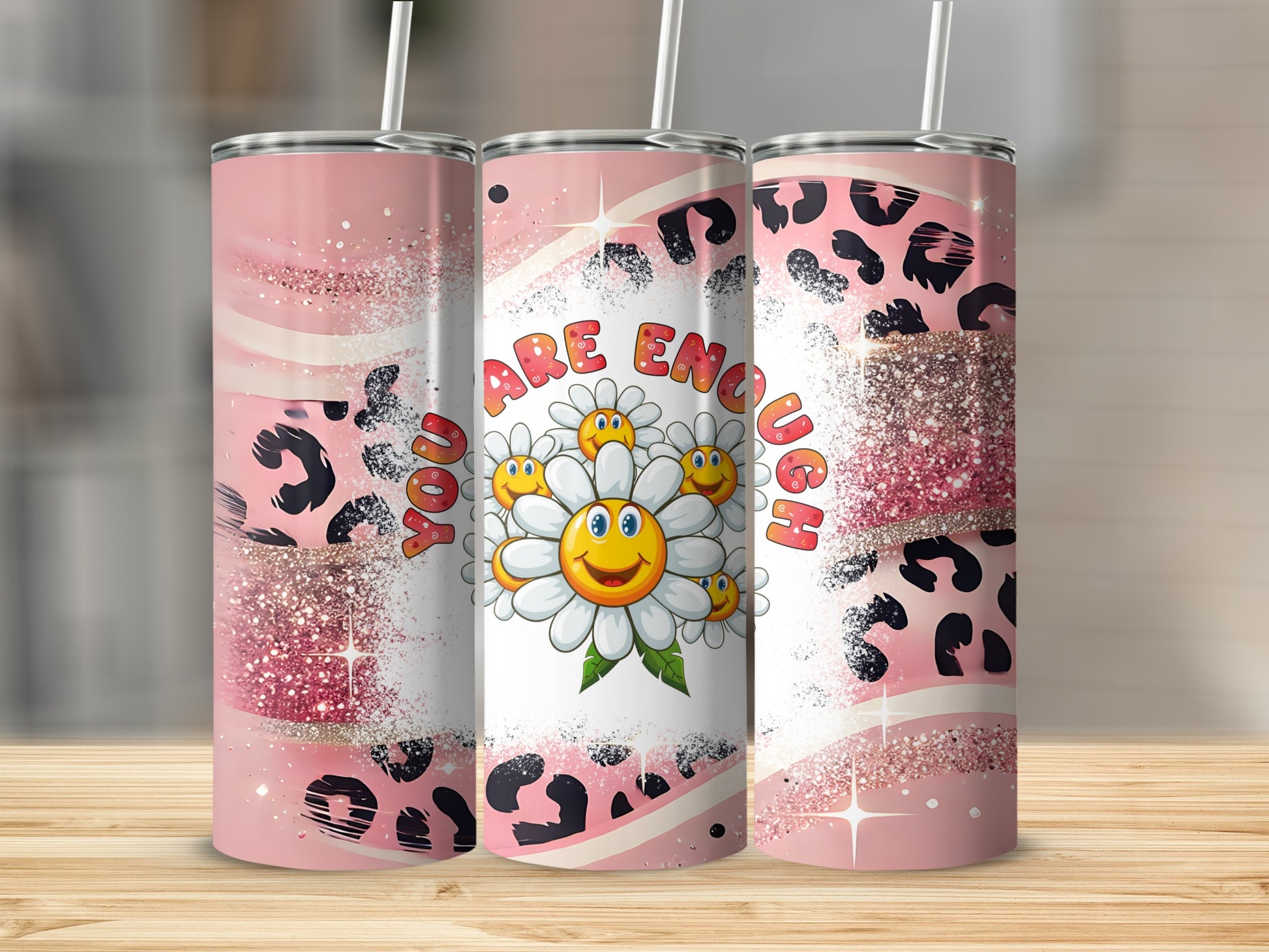 Pink tumbler with leopard print and "you are enough" text.