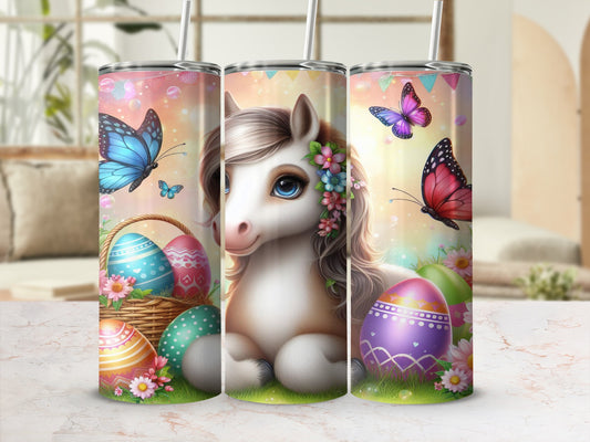 Unicorn with Easter eggs and butterflies on a bright background.