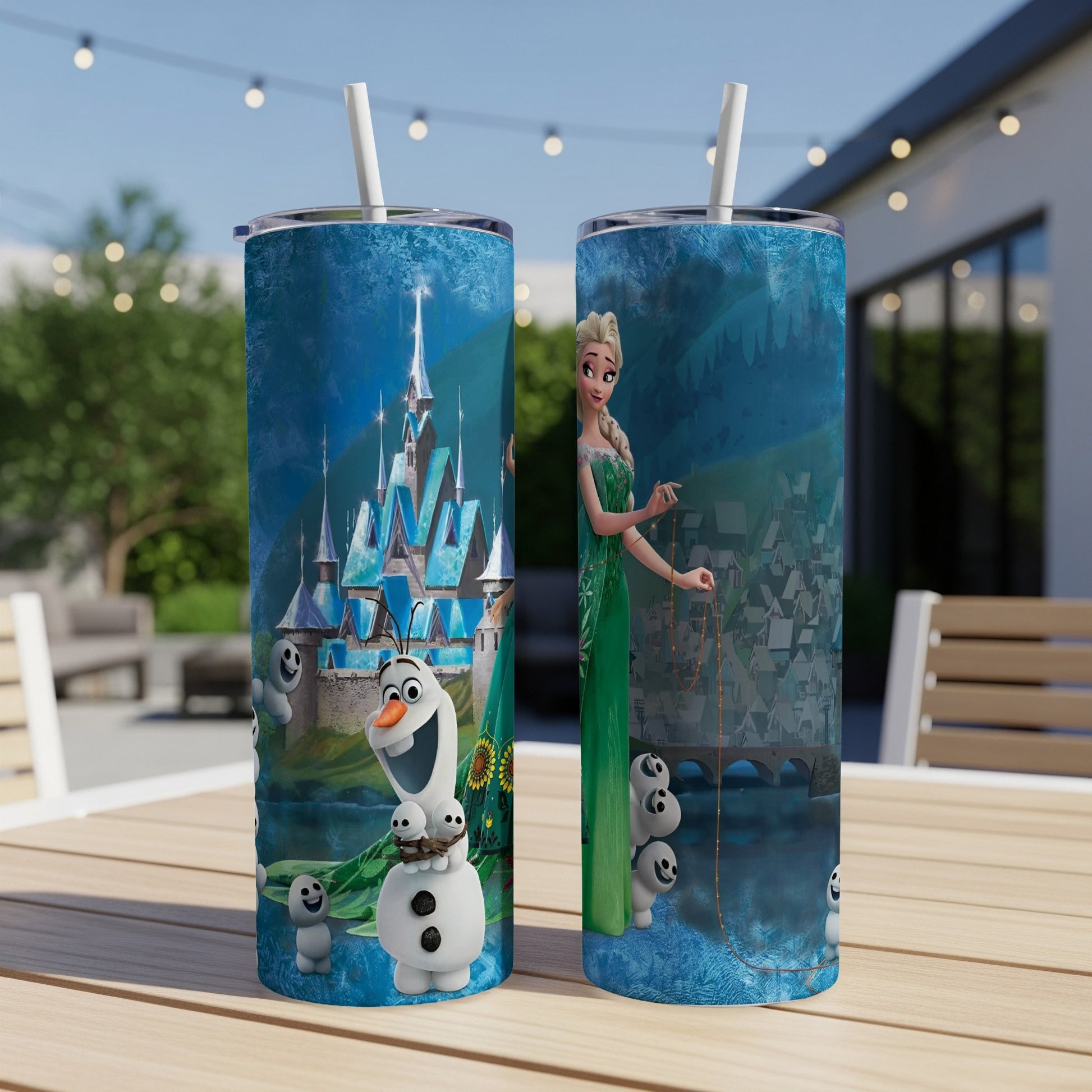 Elsa and Olaf with castle on a blue tumbler.