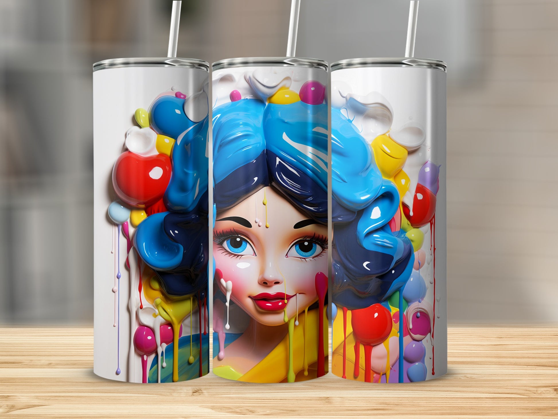 Colorful Artistic Woman with Blue Hair Tumbler Product