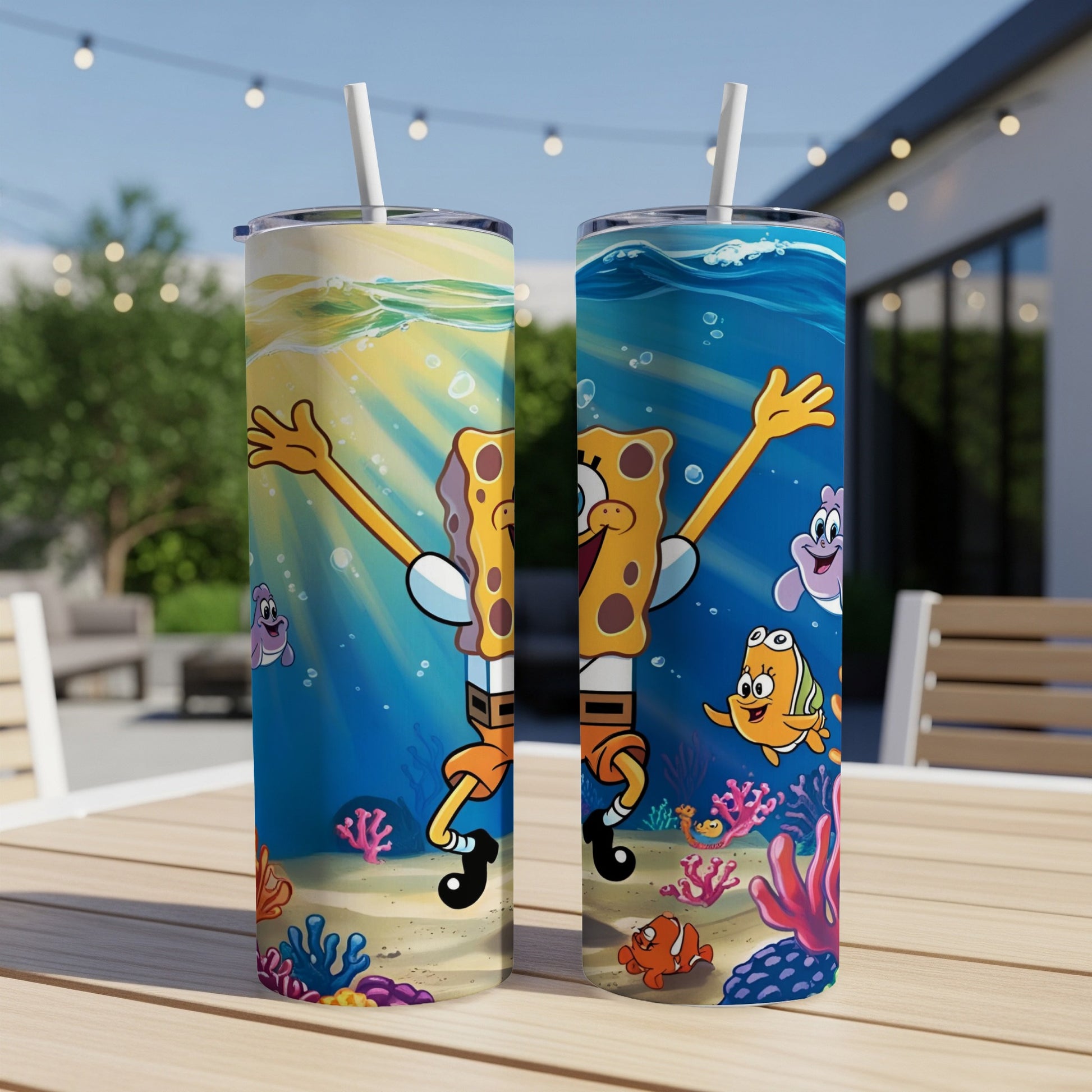 SpongeBob SquarePants cartoon characters and sea life on two tumblers.