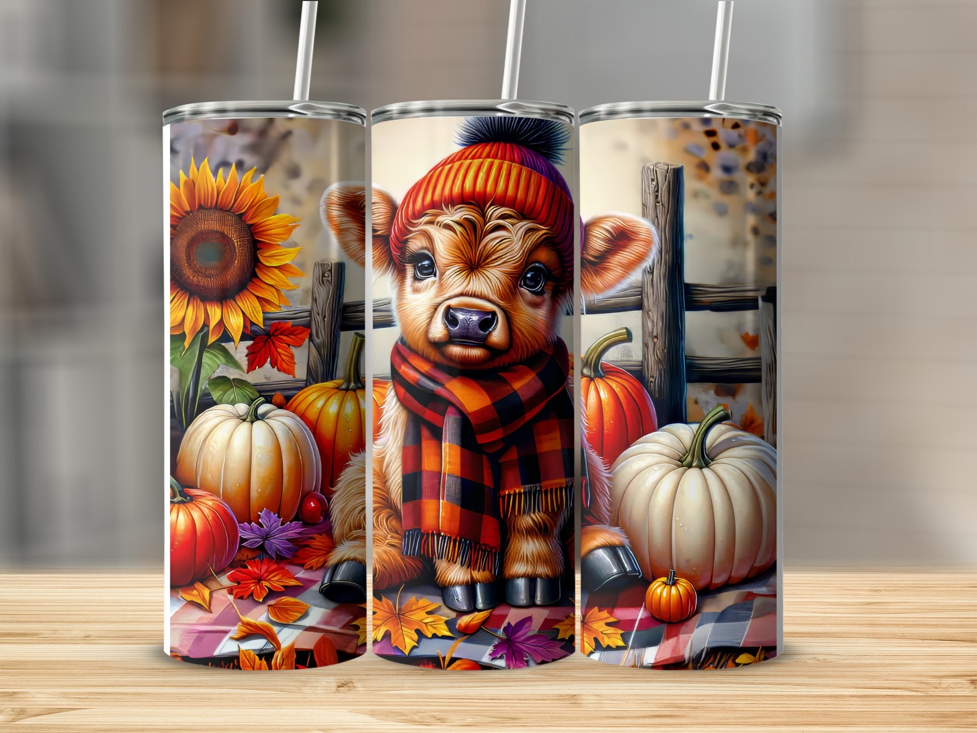Cow wearing scarf and hat with pumpkins and sunflower.