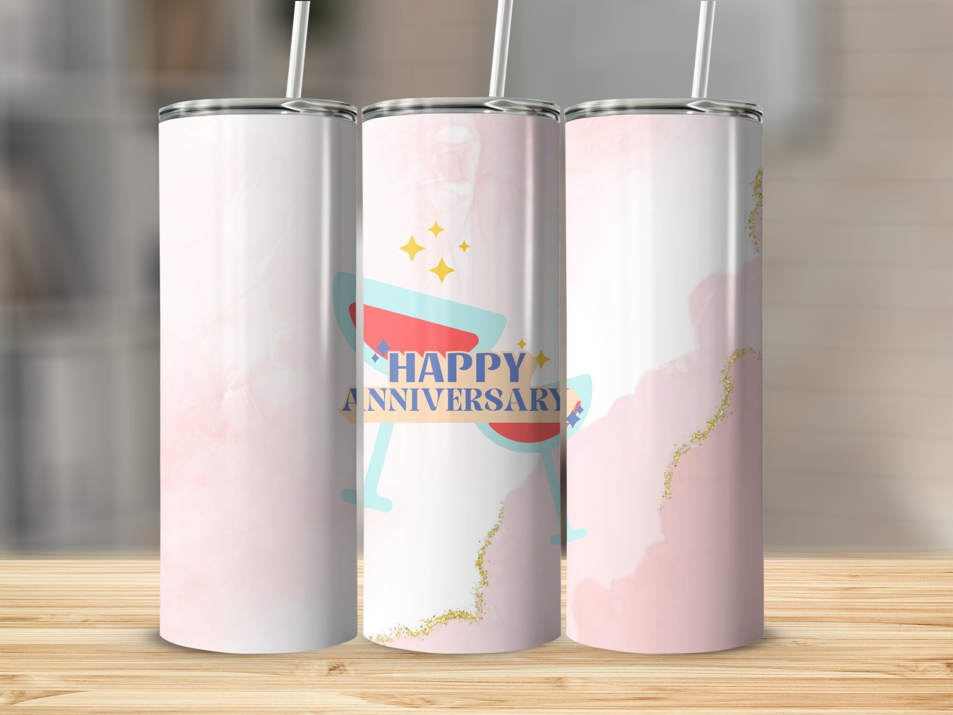 Three tumblers with pink watercolor and "Happy Anniversary" text.