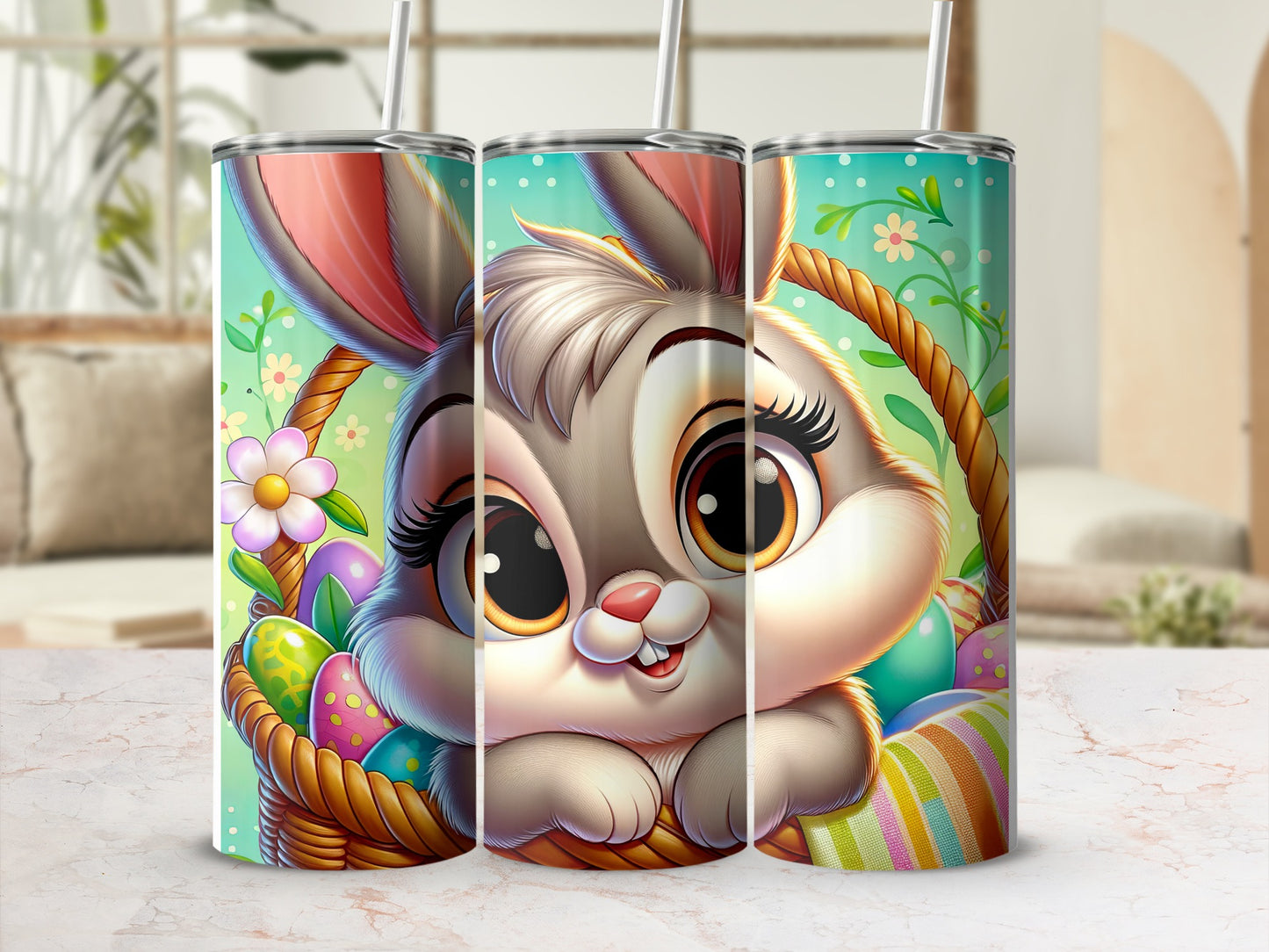 Bunny in Easter basket with colorful eggs and flowers, green background.
