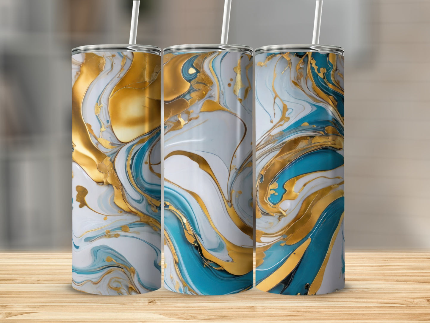 Three tumblers with a blue, white, and gold marble pattern.