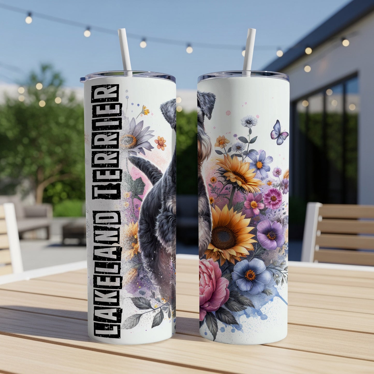 Two tumblers with a black terrier and floral design, "Lakeland Terrier" text.