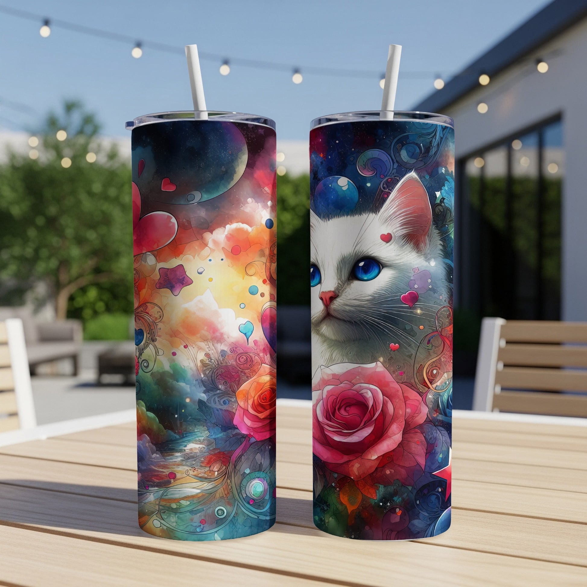 Fantasy cat with blue eyes surrounded by roses and cosmic elements on two tumblers.