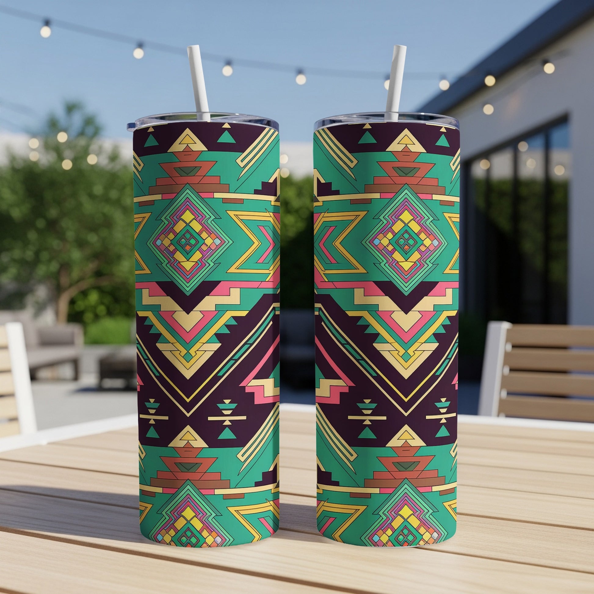 Two colorful tumblers with a geometric southwestern pattern on an outdoor table.