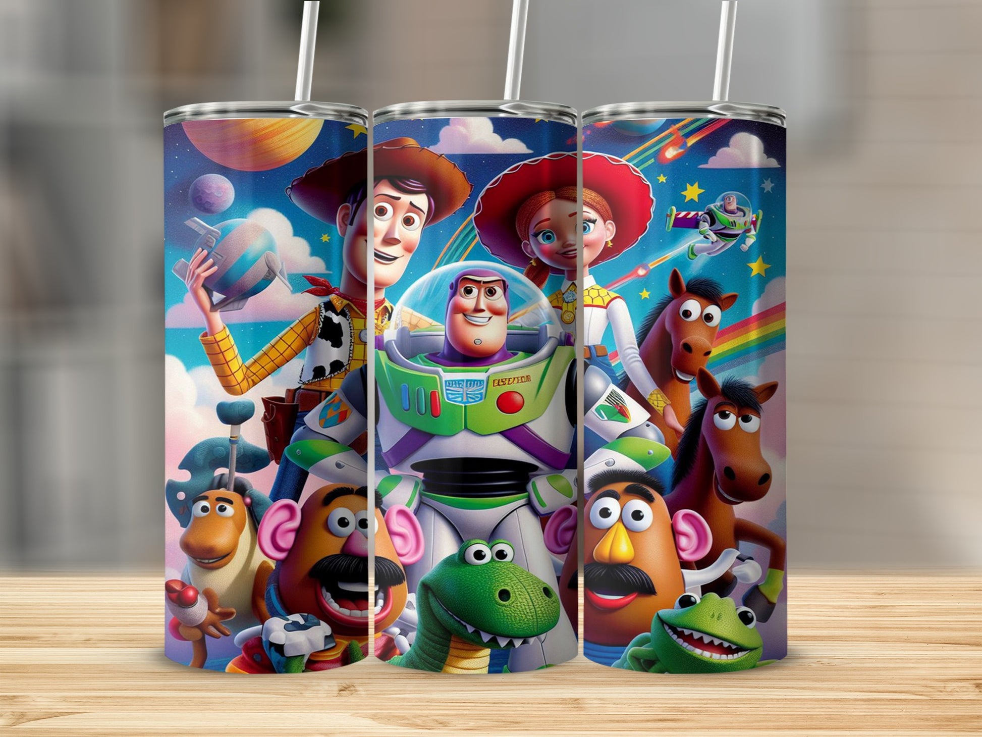 Toy Story characters Woody, Buzz, Jessie, Rex, Mr. Potato Head, and Slinky Dog on a tumbler.