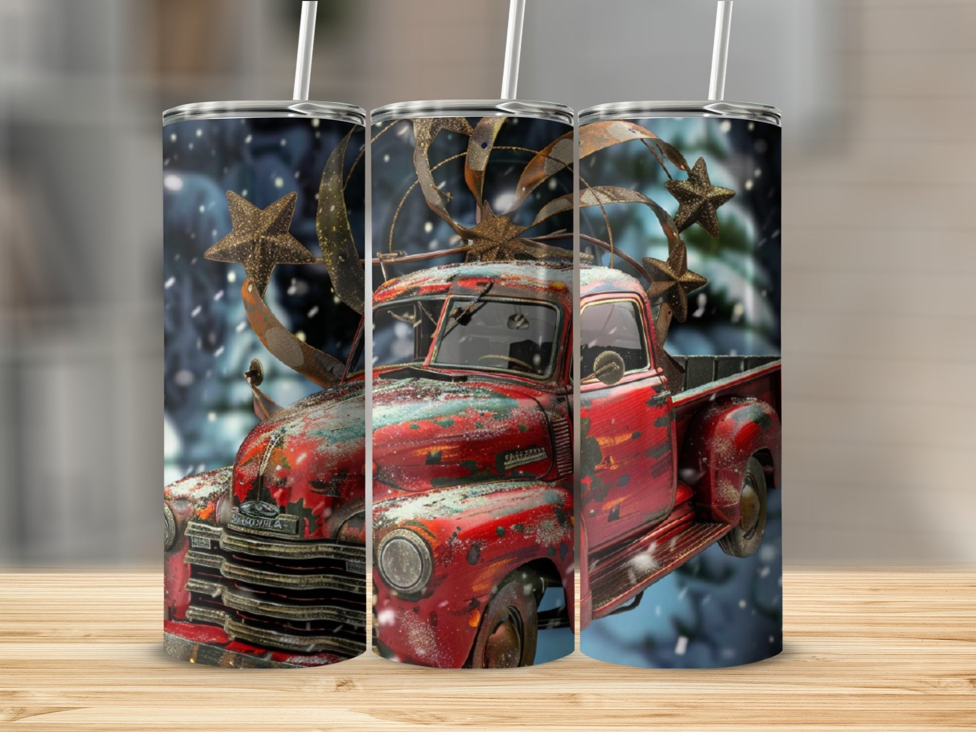 Red vintage truck with snow and stars on a tumbler.