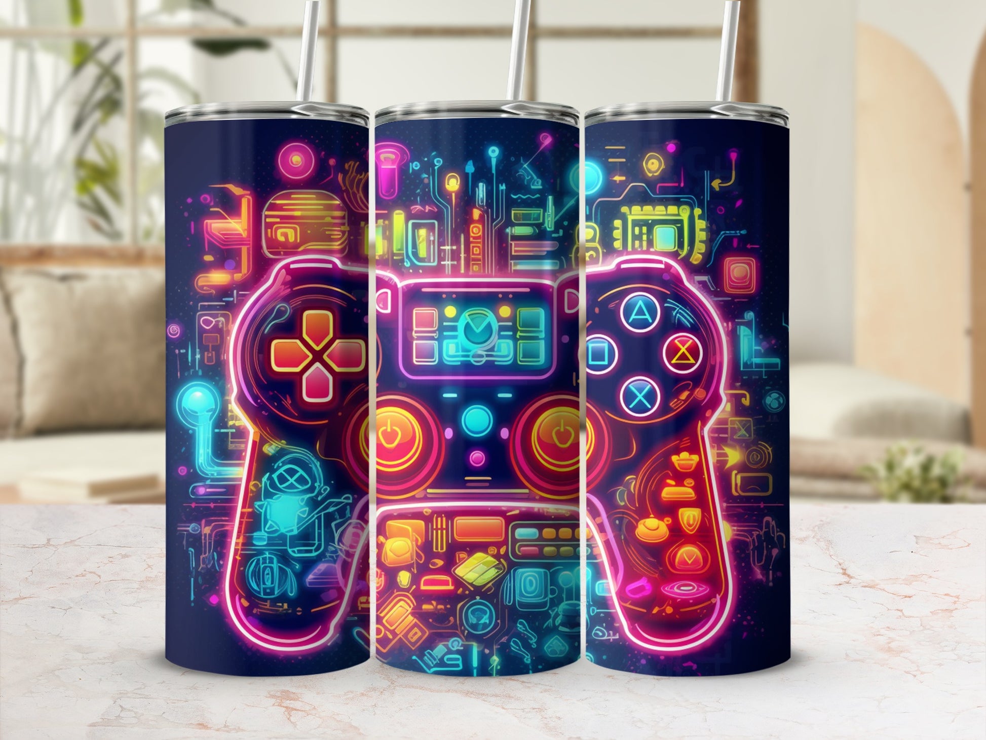 Neon-glowing video game controller design on a tall tumbler with a straw.