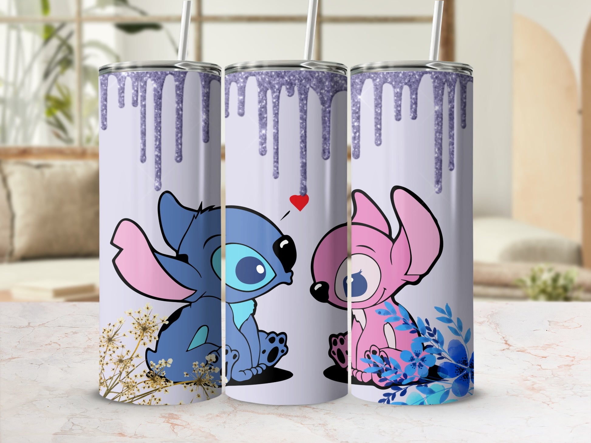 Cute Blue And Pink Characters Design Tumblers