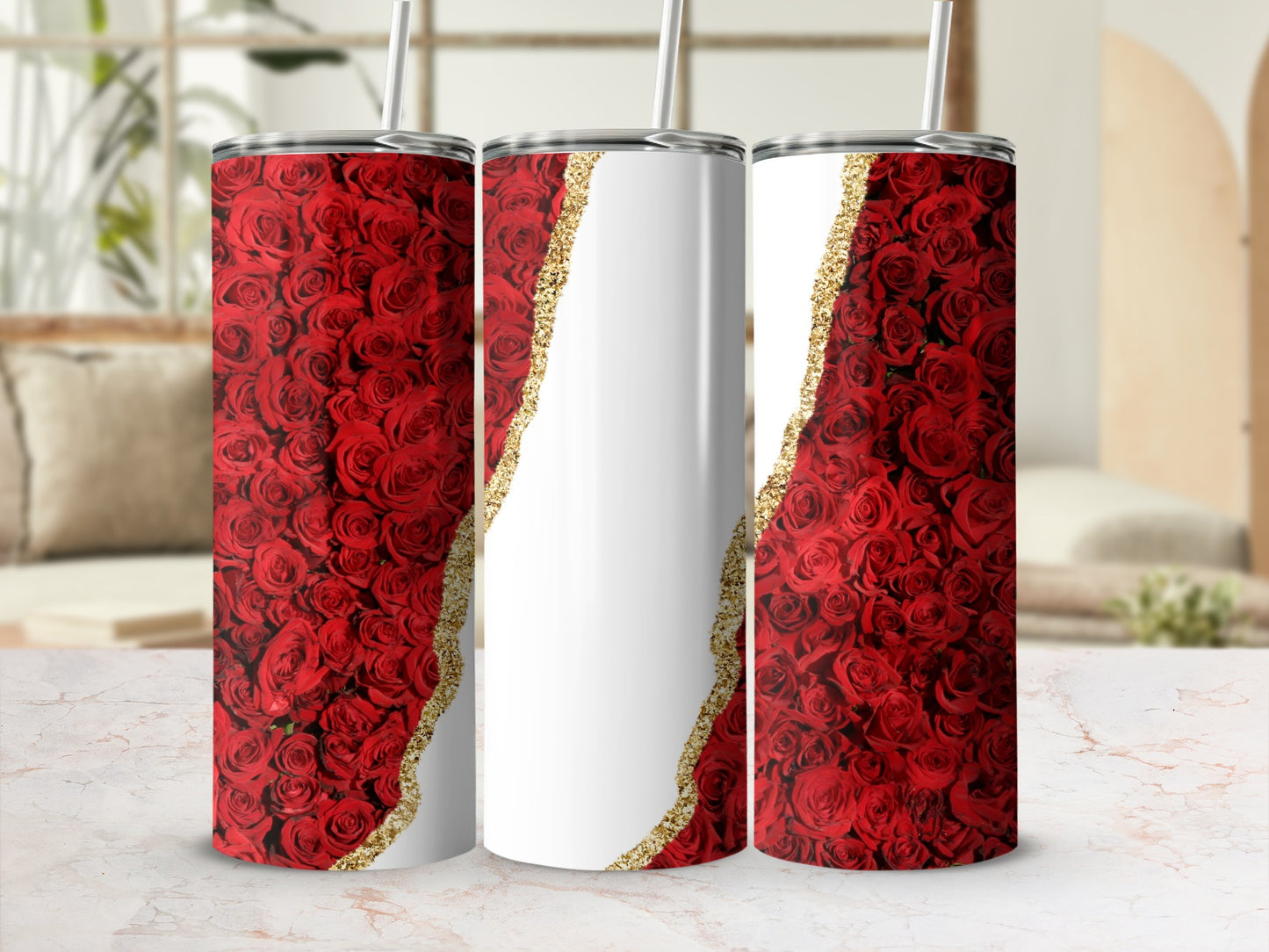 Three tumblers with a red rose and gold glitter design.