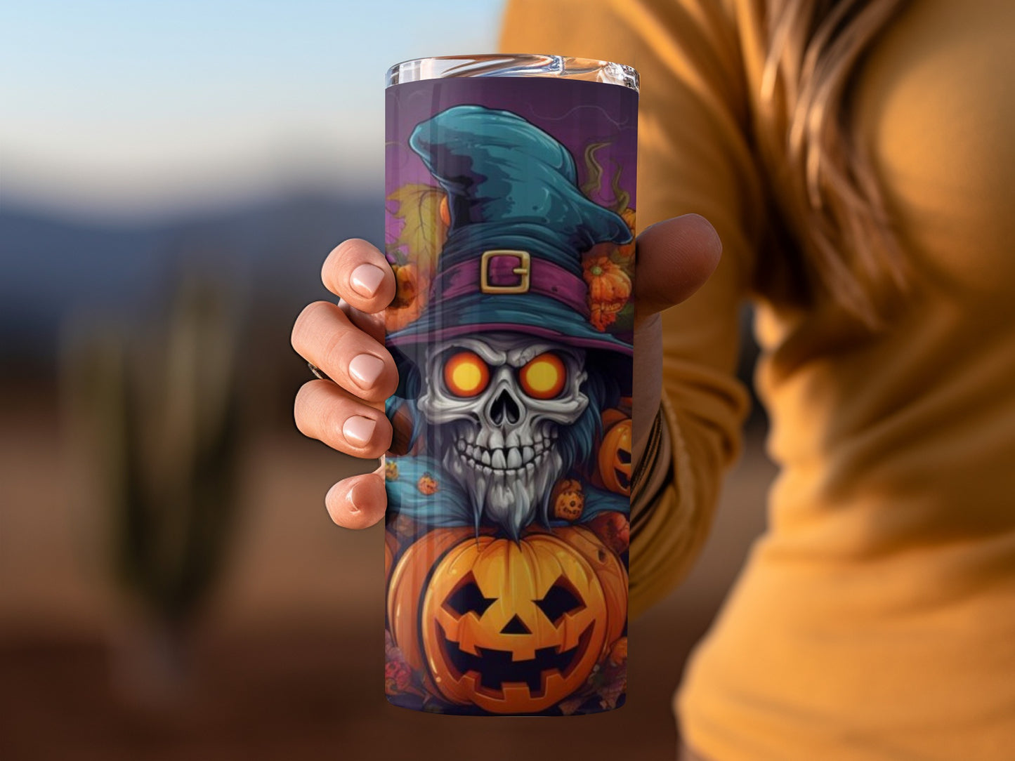 Skull in Witch Hat with Pumpkins Halloween tumbler