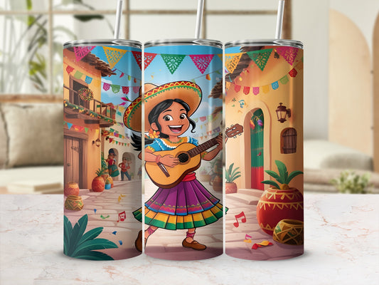 Cartoon girl in traditional Mexican dress plays guitar with festive village background.