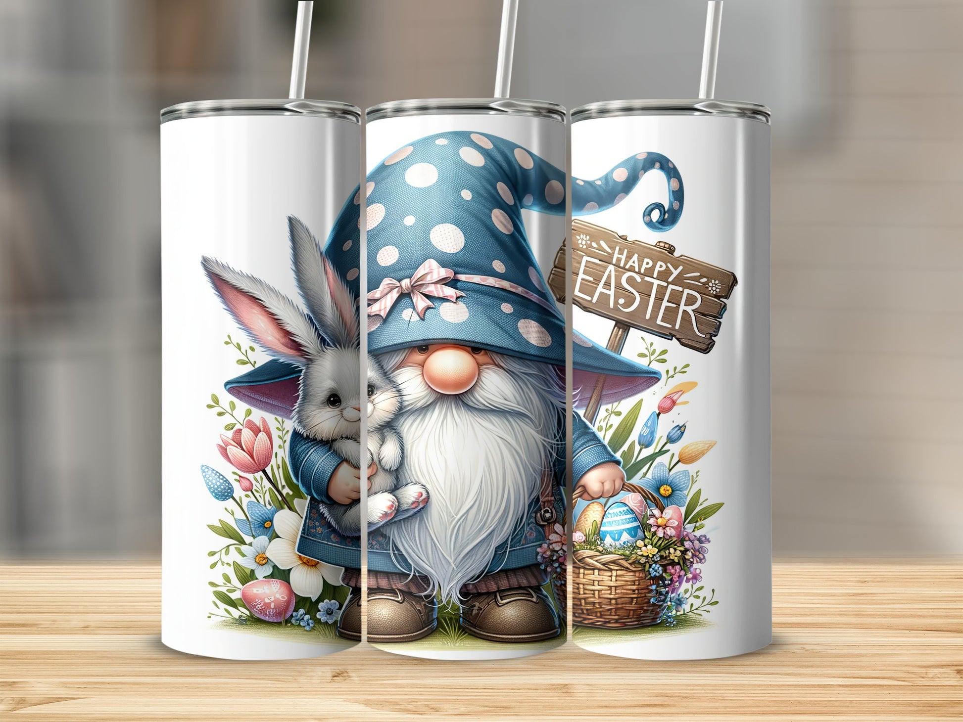 Gnome holding bunny and Easter basket with "Happy Easter" sign.