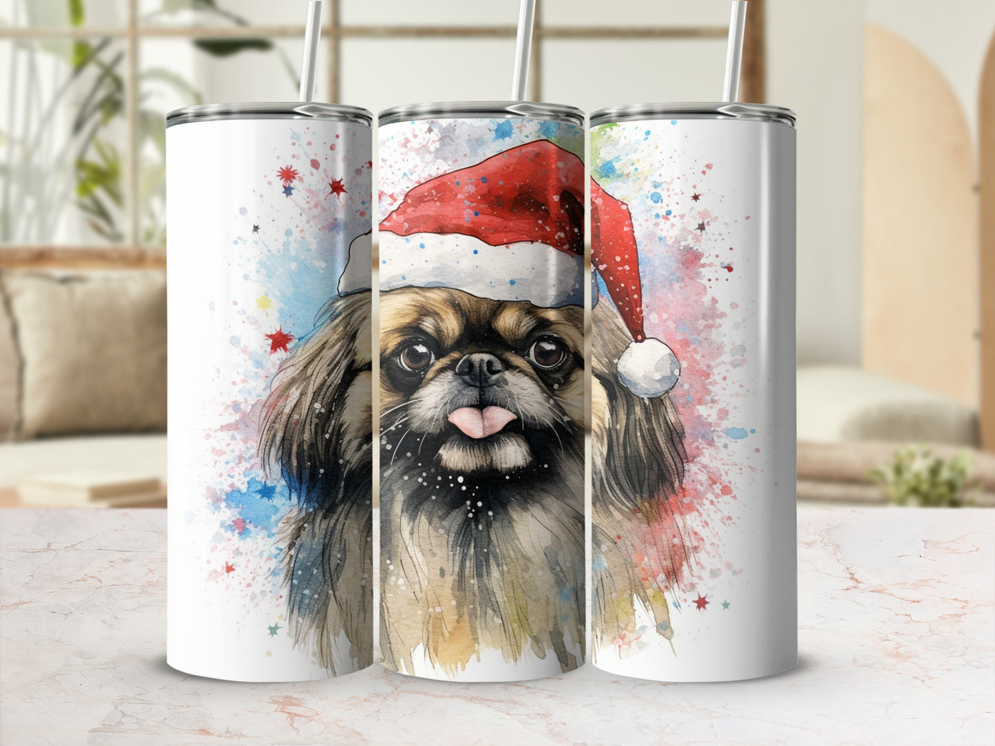 Pekingese dog wearing a Santa hat, sticking out tongue, on a tumbler.