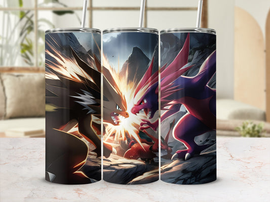 Pokemon characters facing off in battle on a rocky terrain.