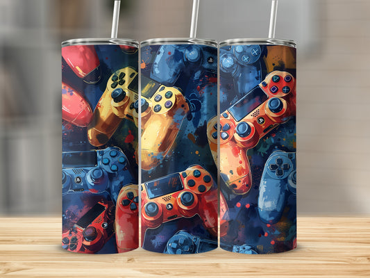 Three tumblers featuring a colorful collage of video game controllers.